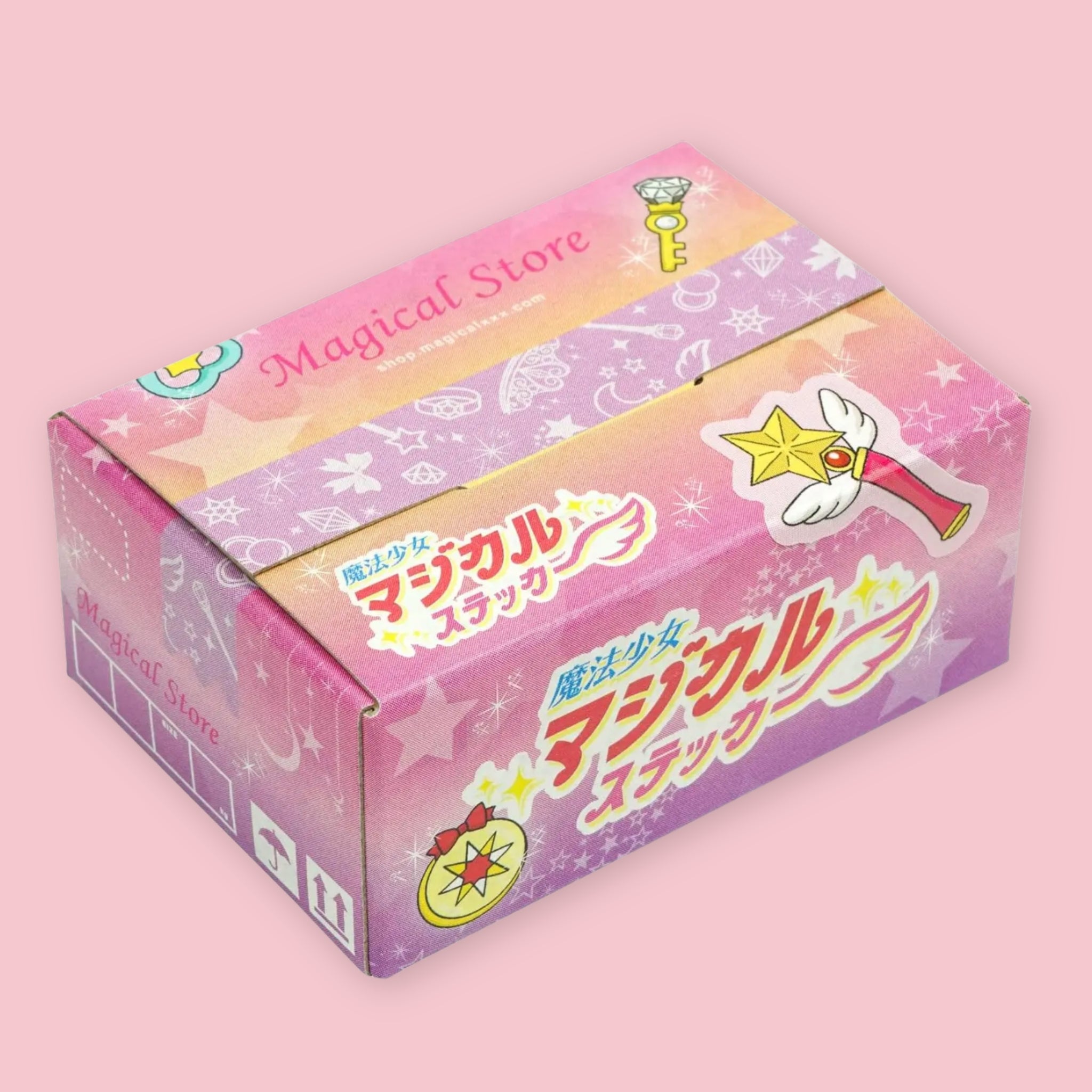 Box of Hako stickers with a pink and purple magical girl theme, featuring Japanese text reading "Mahou Shoujo Magical Sticker," a winged star wand, mystical symbols, and "Magical Store" branding, on a pink background.