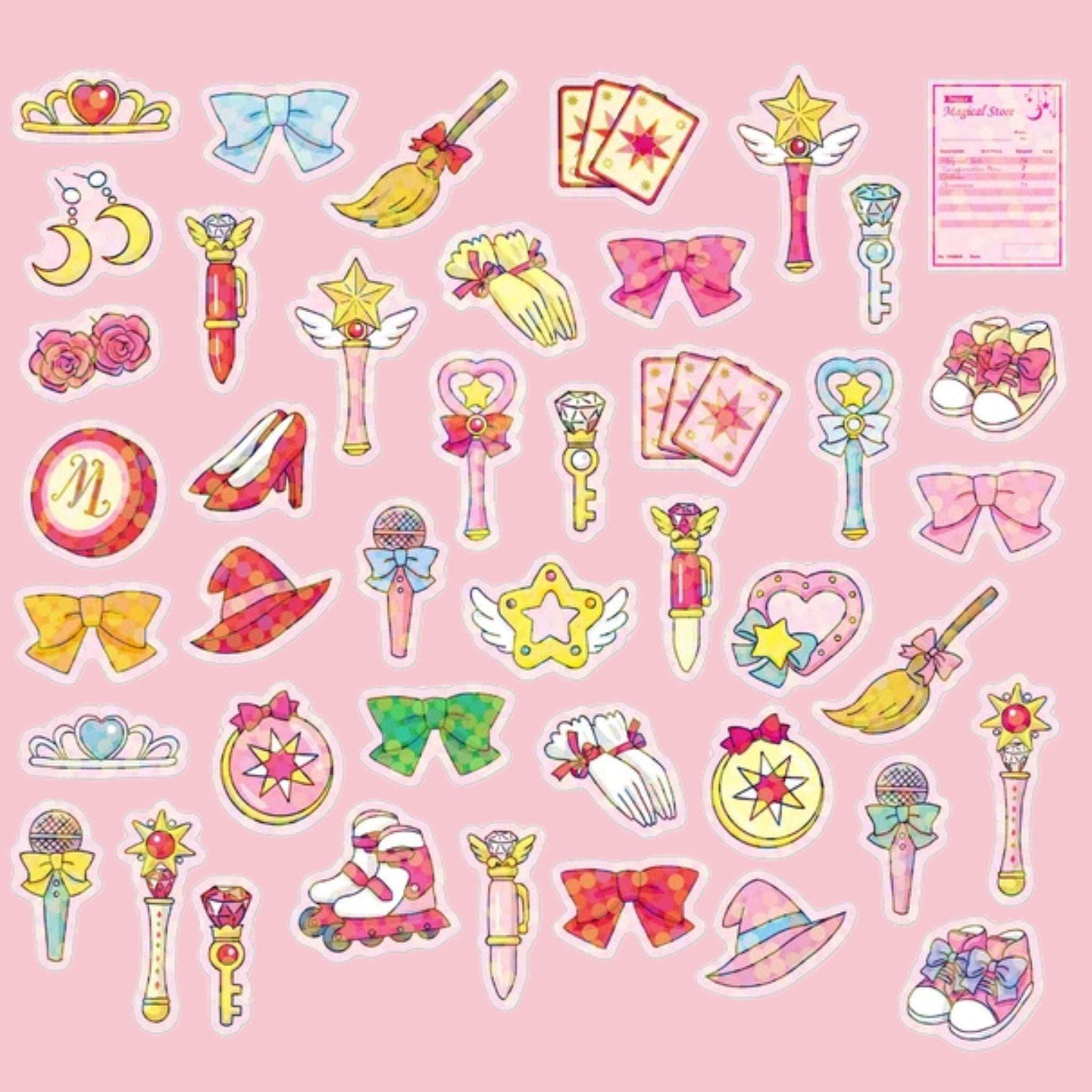 Spread of magical girl-themed Hako seal stickers including wands, bows, tiaras, crescent moons, magic keys, tarot cards, broomsticks, high heels, microphones, and roller skates in pink, gold, and pastel colors, on a pink background.