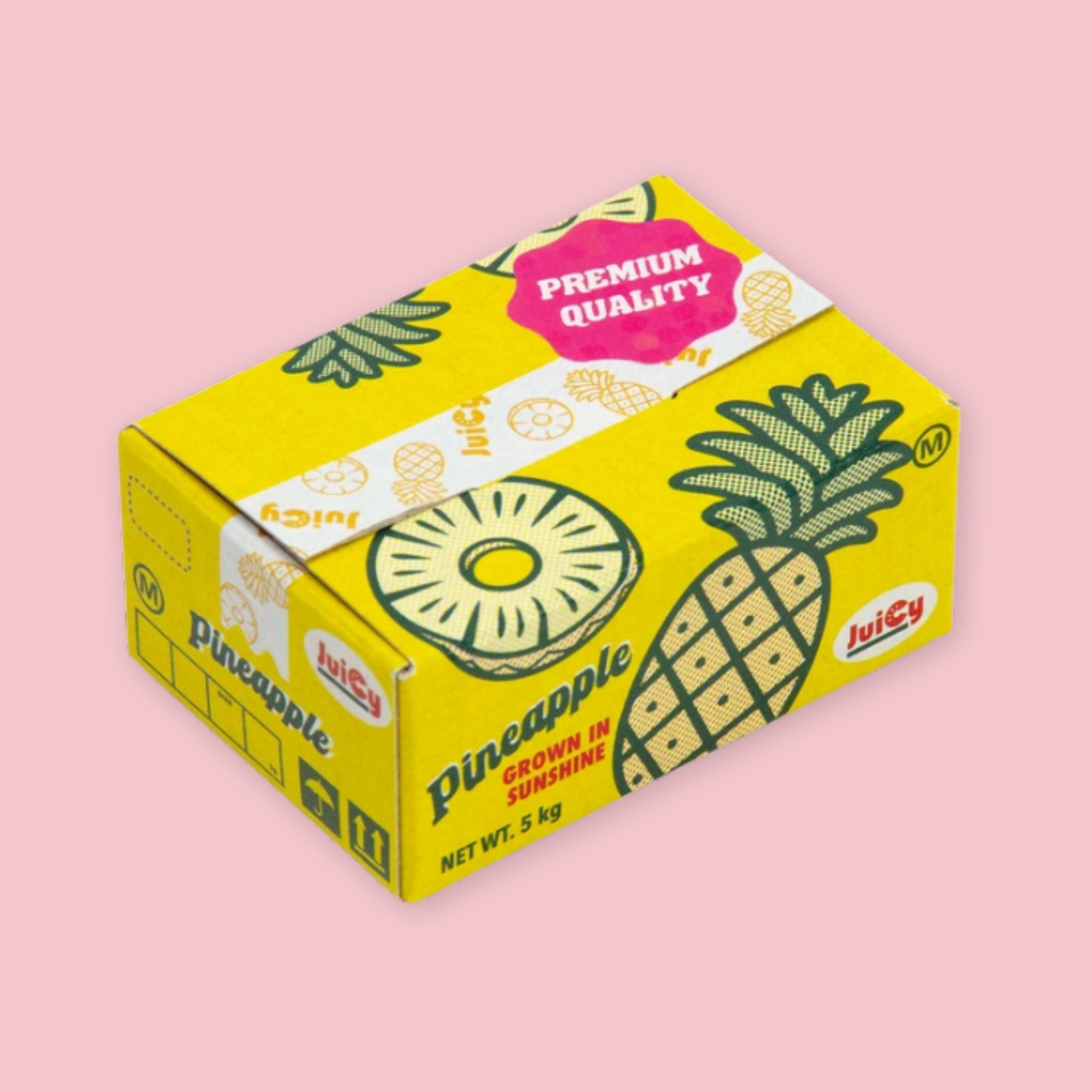 Box of Hako stickers designed to resemble vintage pineapple fruit crate packaging, with bold yellow graphics, retro "Juicy" branding, pineapple illustrations, and a pink "Premium Quality" badge, on a pink background.