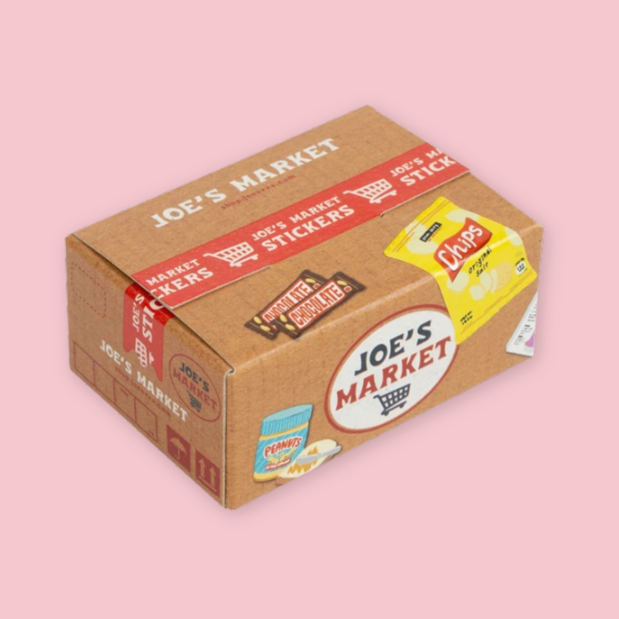 Box of Hako stickers designed to resemble a supermarket shipping box, with kraft brown packaging, red "Joe's Market Stickers" tape, a circular logo with a shopping cart, and illustrated snack stickers including chips, chocolate, and peanuts, on a pink background.