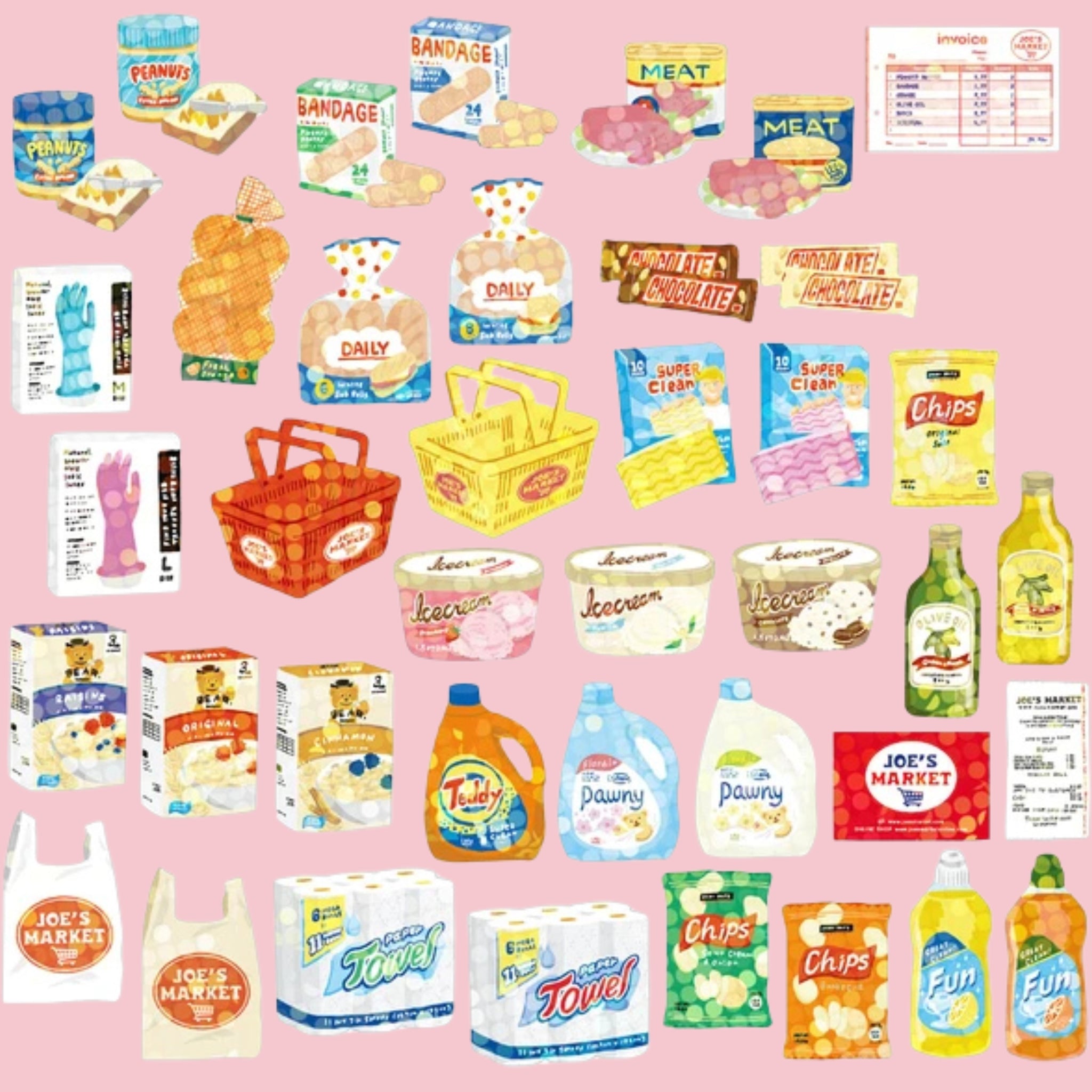 Spread of Joe's Market Hako seal stickers depicting supermarket items including chips, chocolate bars, peanut butter, bread, ice cream tubs, laundry detergent, paper towels, dish soap, cleaning spray, meat, bandages, rubber gloves, shopping baskets, olive oil, and Joe's Market branded bags, on a pink background.