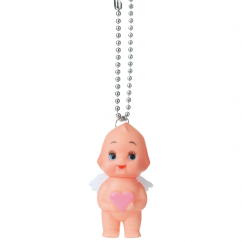 Obitsu Kewpie angel charm with ball chain, white wings, and a pink heart.