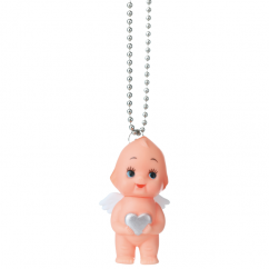 Obitsu Kewpie angel charm with ball chain, white wings, and a silver heart.