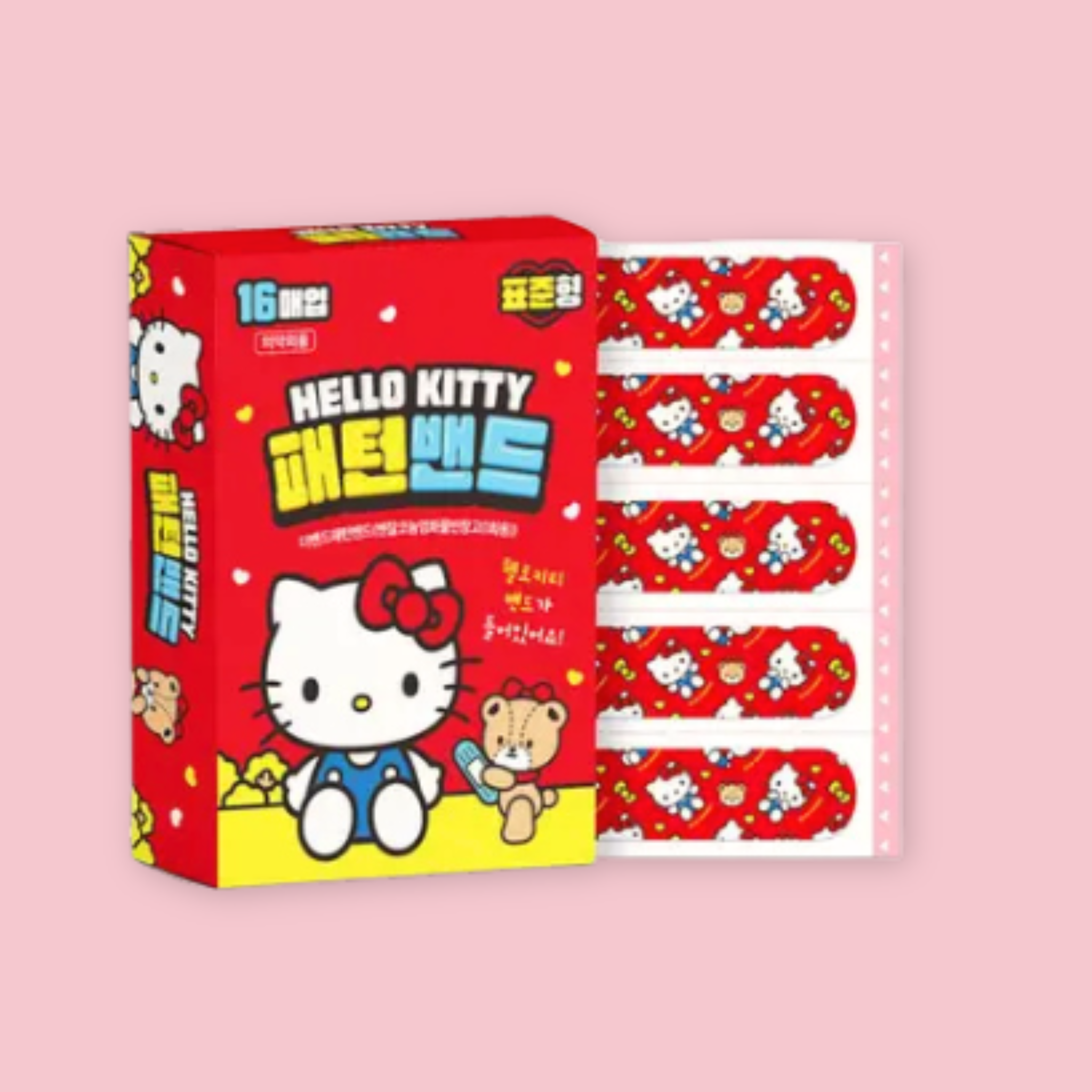 Hello Kitty Bandages box shown alongside a strip of individual red bandages printed with a Hello Kitty pattern, on a pink background.