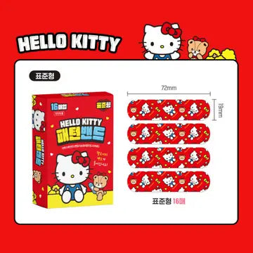 Hello Kitty Bandages packaging diagram showing the box and four rows of bandages with dimensions labeled, 72mm by 19mm, on a red background.