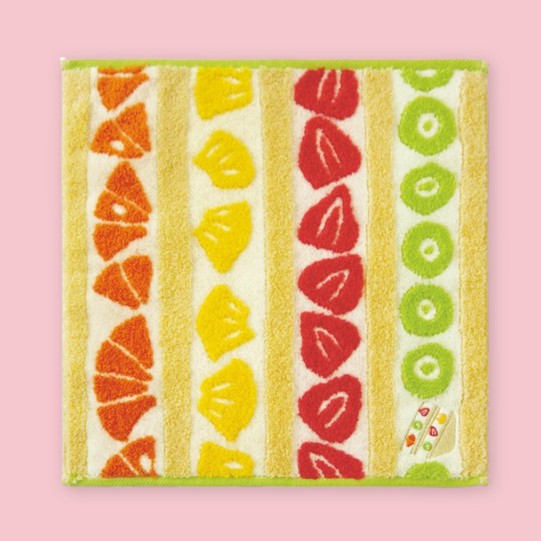 Imabari mini towel with fruit stripe pattern including orange, lemon and kiwi, 23 x 23 cm, Made in Japan