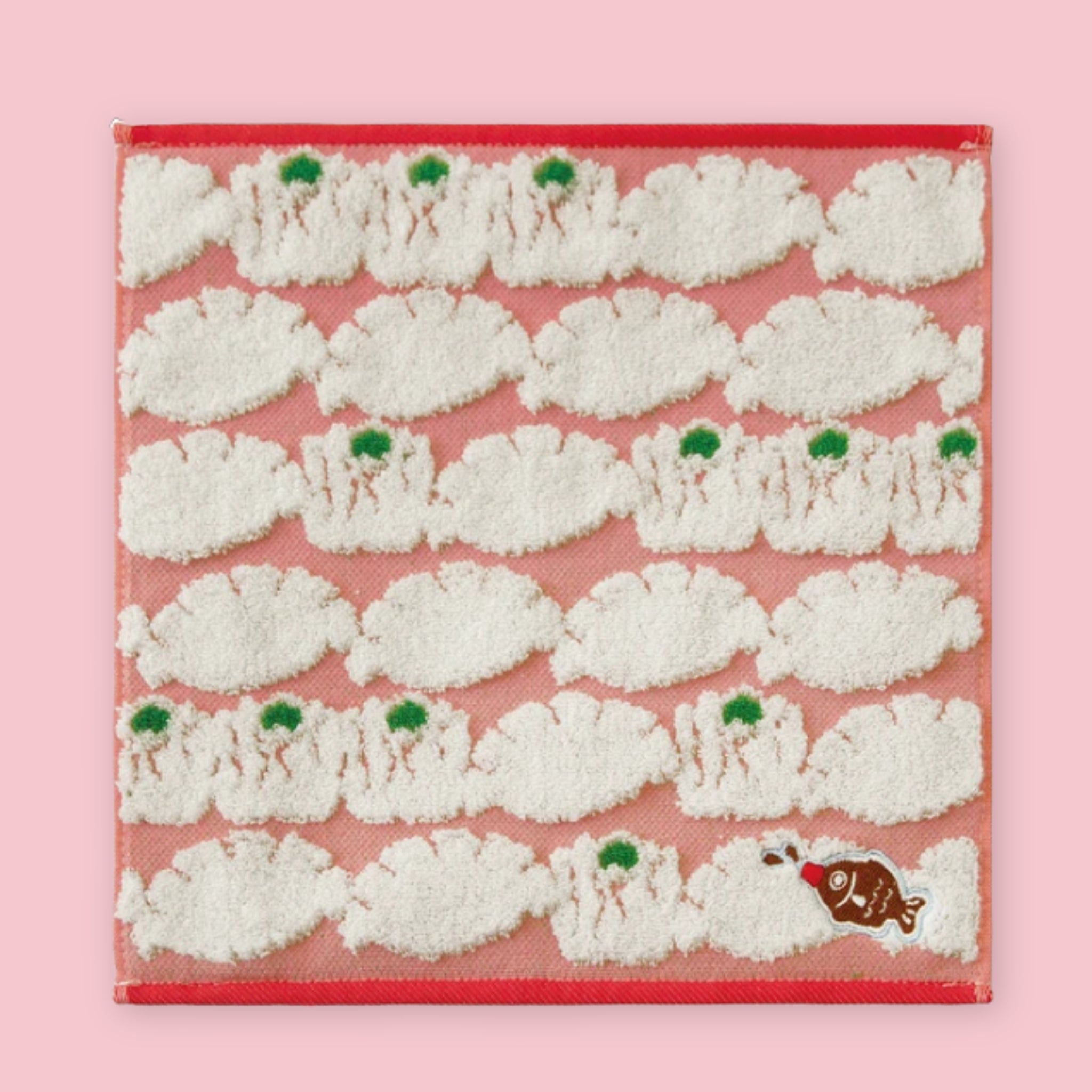 Imabari mini towel with gyoza print pattern on pink background, 23 x 23 cm, Made in Japan