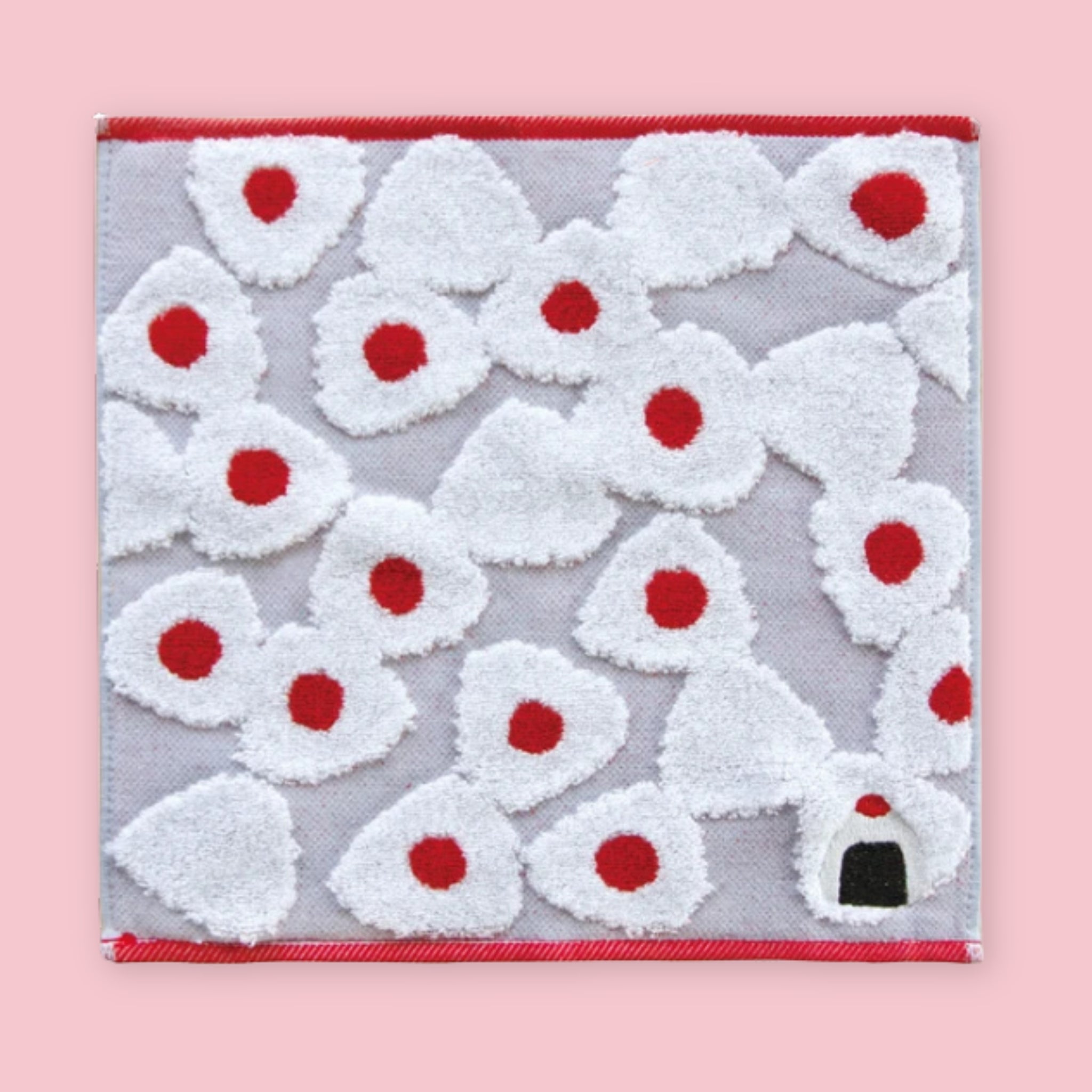 Imabari mini towel with onigiri print pattern on grey background, 23 x 23 cm, Made in Japan