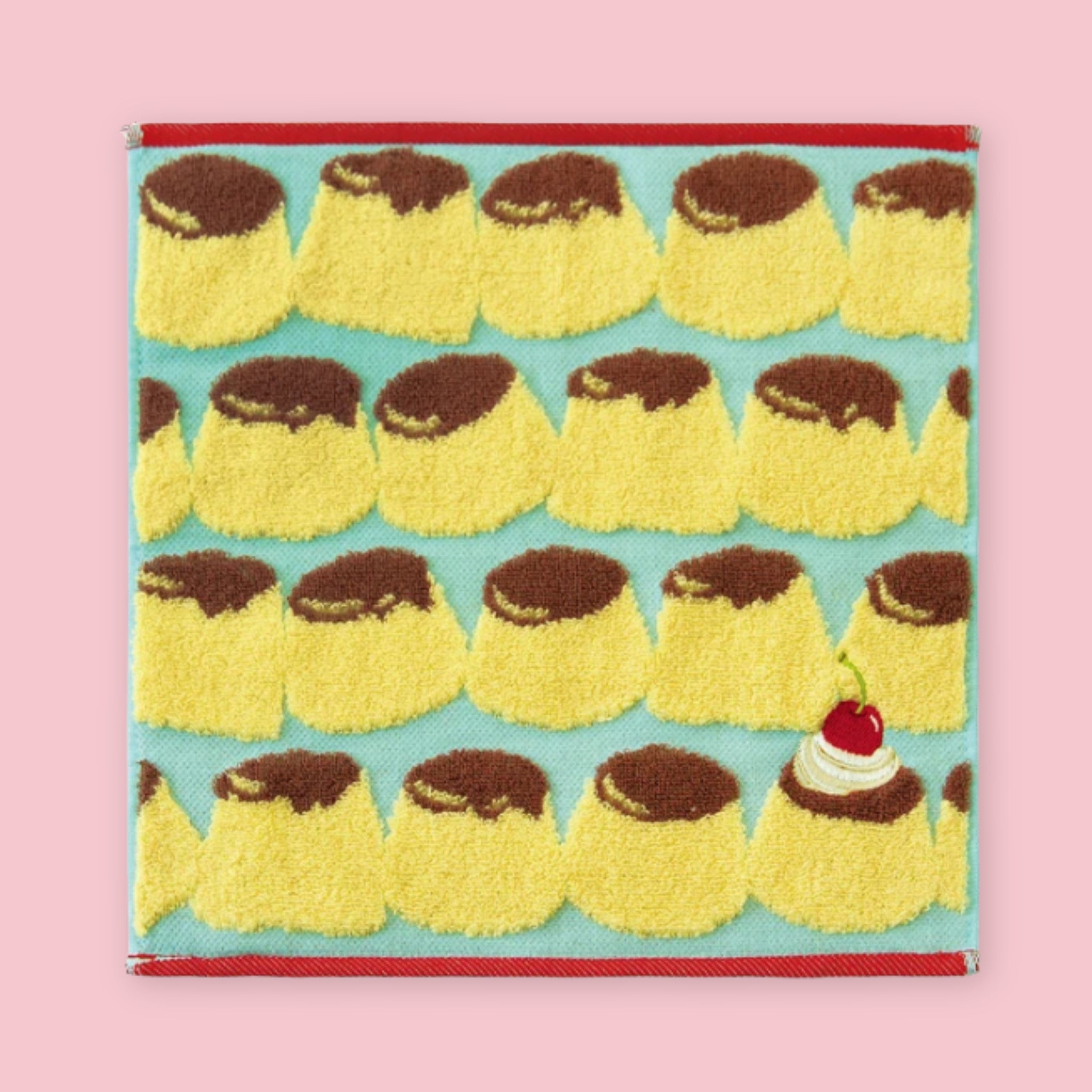 Imabari mini towel with pudding print pattern on mint green background, 23 x 23 cm, Made in Japan