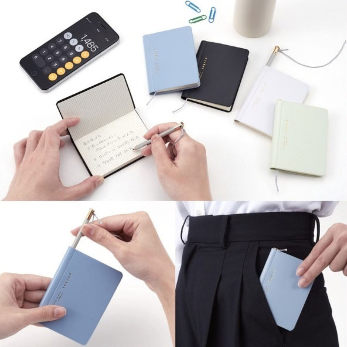 Daigo Isshoni Pocket Notebooks in multiple colors, shown with included pencils for writing on the go.