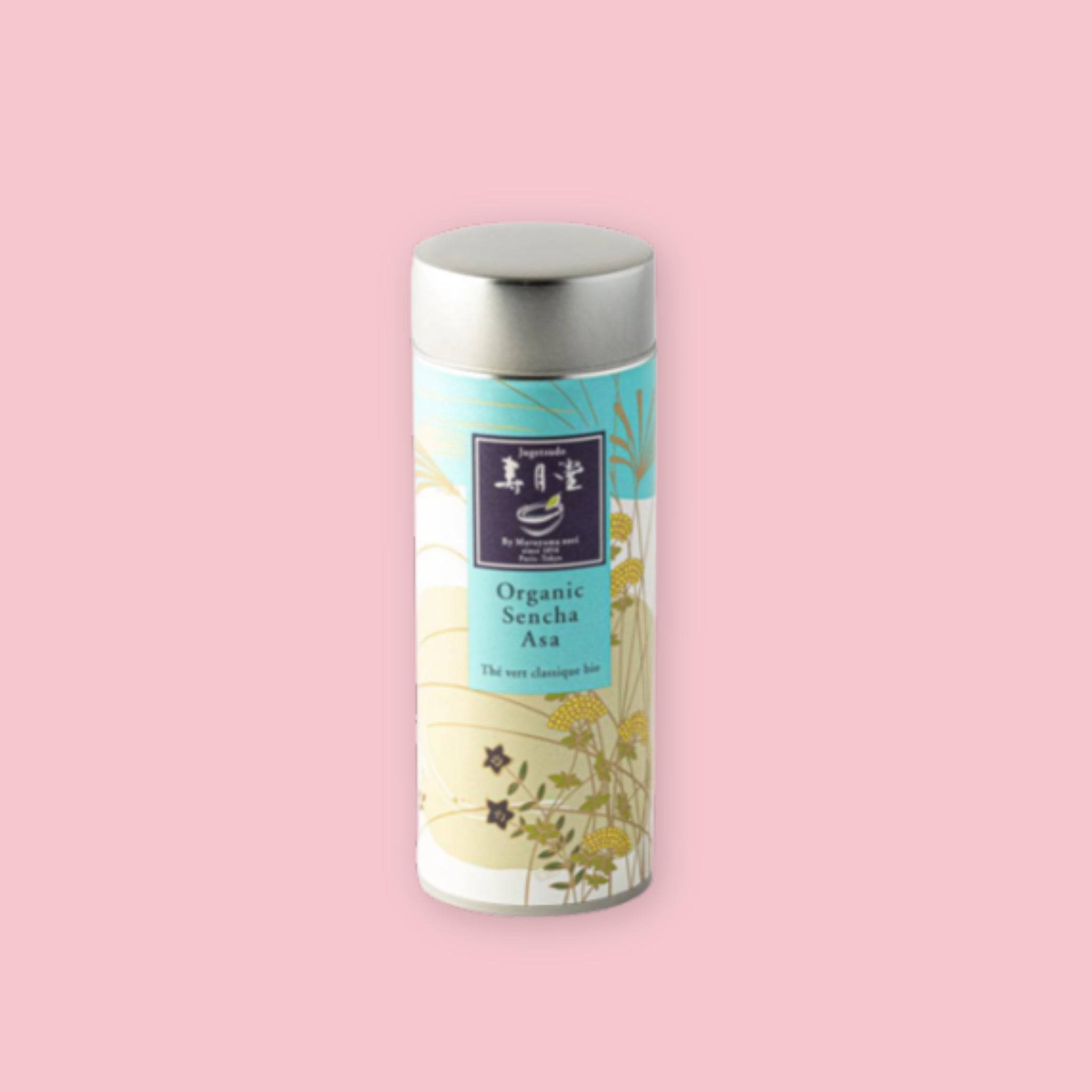Jugetsudo Organic Sencha Asa tin with botanical illustration on a pink background