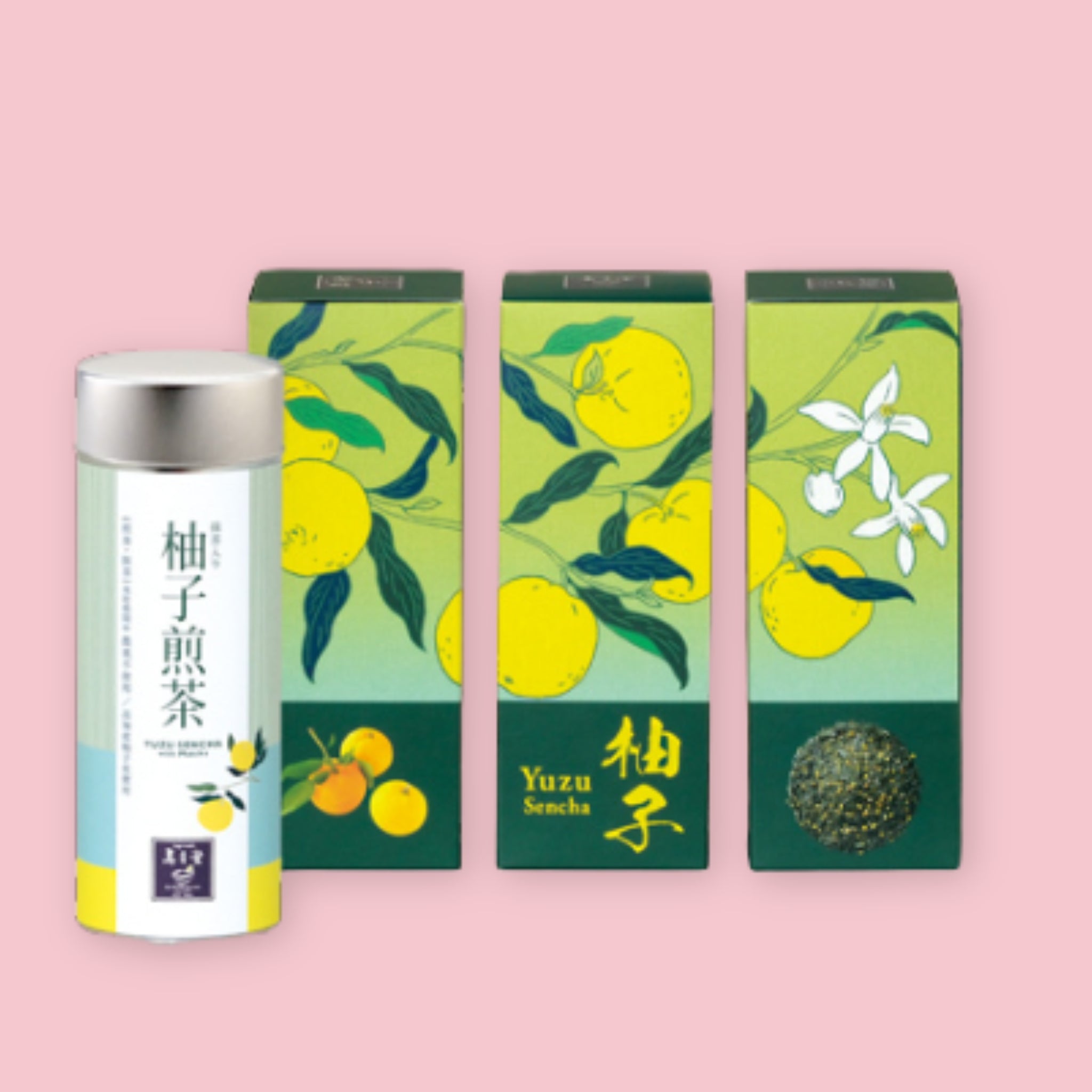 Jugetsudo Yuzu Sencha tin and packaging with yuzu citrus illustration on a pink background