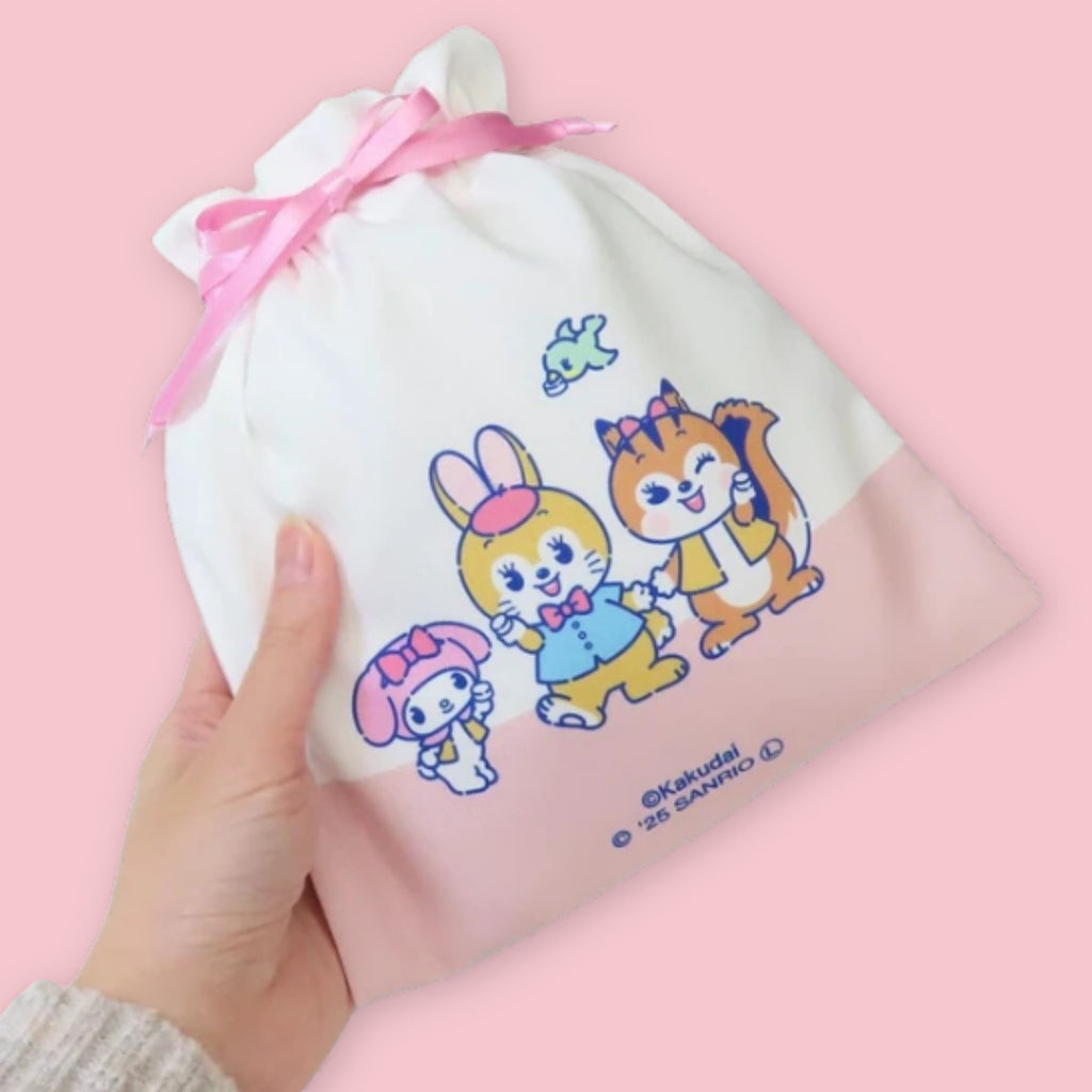 Kuppy Ramune x My Melody drawstring bag with pink ribbon closure and cartoon character artwork on white fabric.