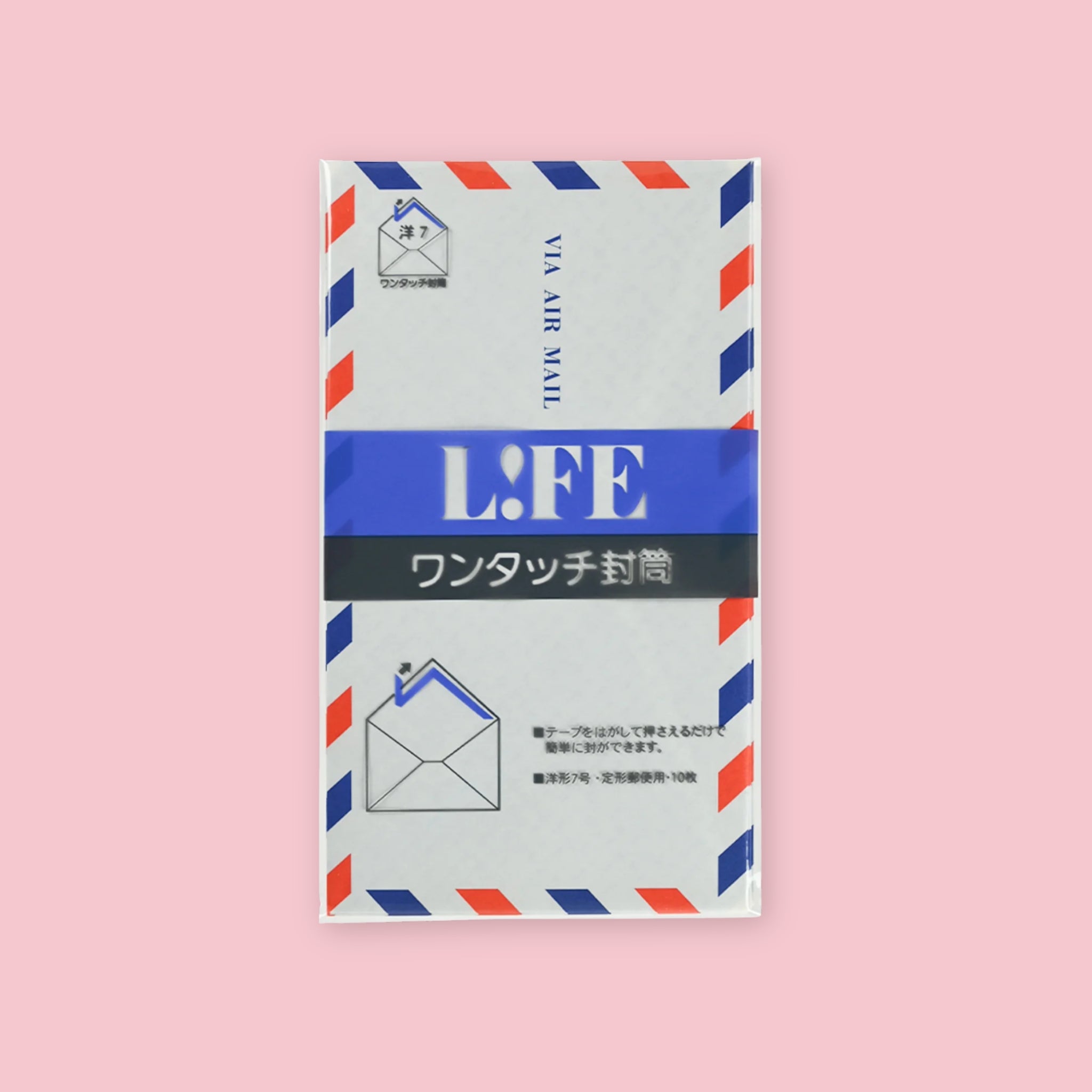 Life Airmail one-touch envelopes in packaging with red and blue airmail border design on a pink background