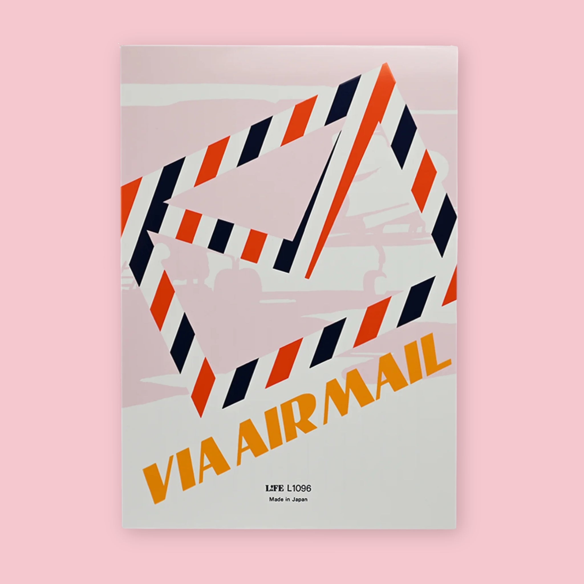 Life Airmail letter pad featuring retro airmail envelope graphic with red and navy diagonal stripes and Via Airmail text on a pink background