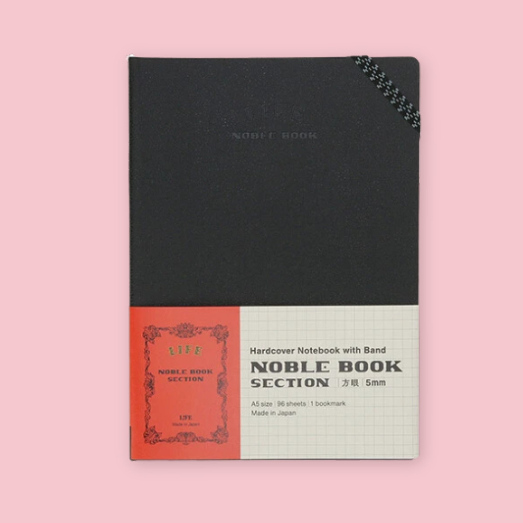 Life Noble Book hardcover section notebook in black with elastic band, 5mm grid, A5 size, 96 sheets, Made in Japan