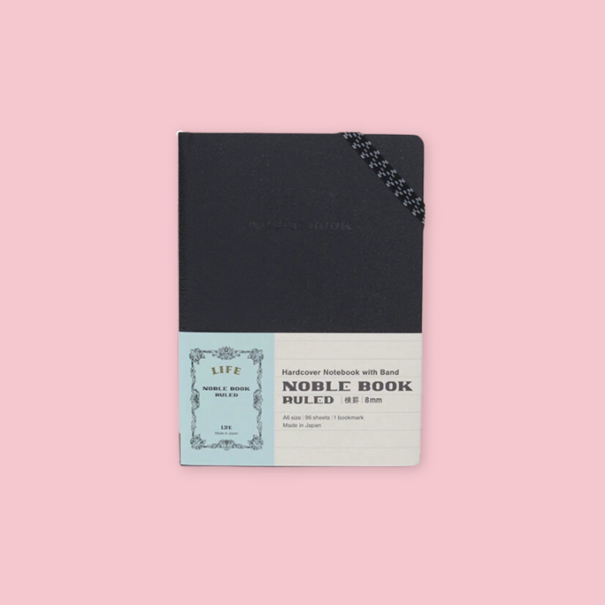 Life Noble Book hardcover ruled notebook in black with elastic band, A6 size, 96 sheets, Made in Japan