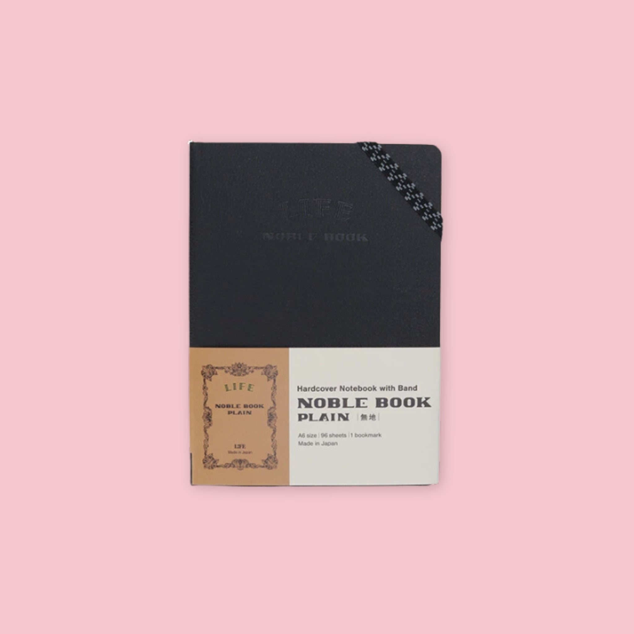 Life Noble Book hardcover ruled notebook in black with elastic band, A6 size, 96 sheets, Made in Japan