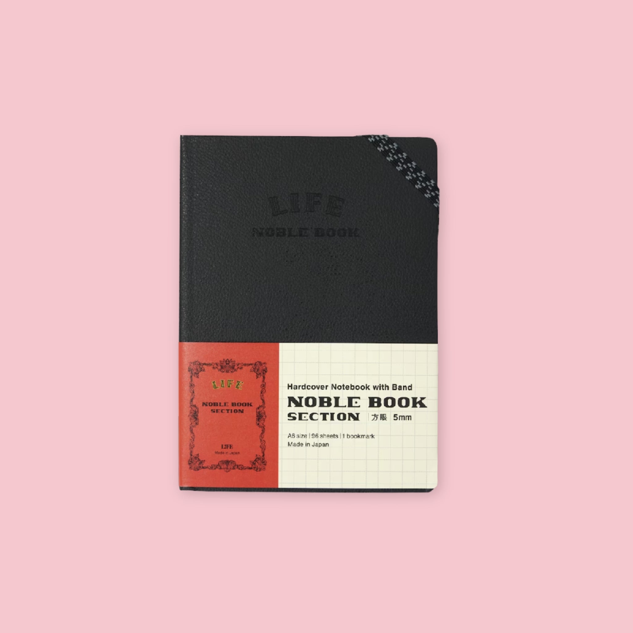 Life Noble Book hardcover section notebook in black with elastic band, 5mm grid, A6 size, 96 sheets, Made in Japan