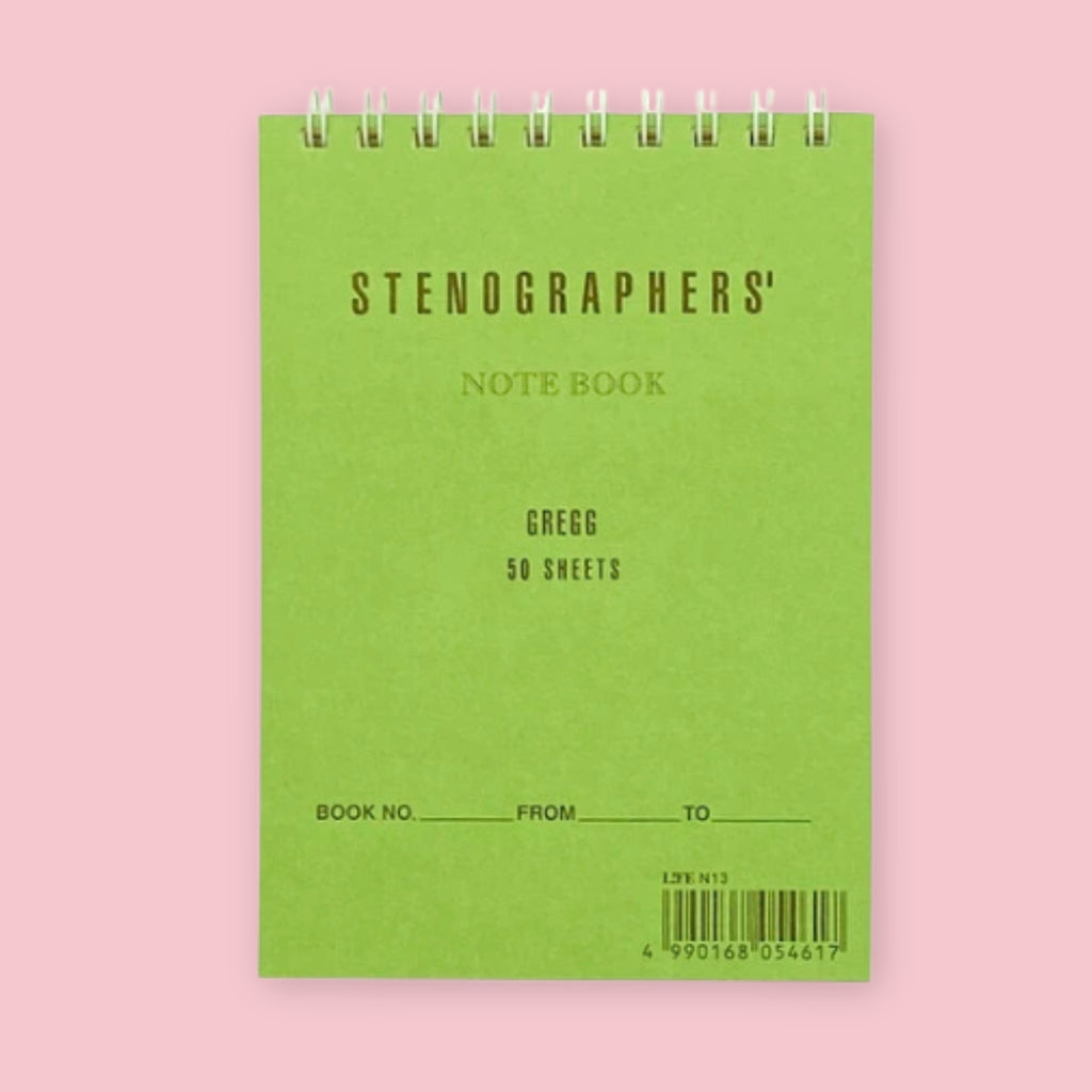 Green Life Stenographers' Notebook with spiral binding, labeled "Gregg 50 Sheets" with book number and date fields, against a pink background