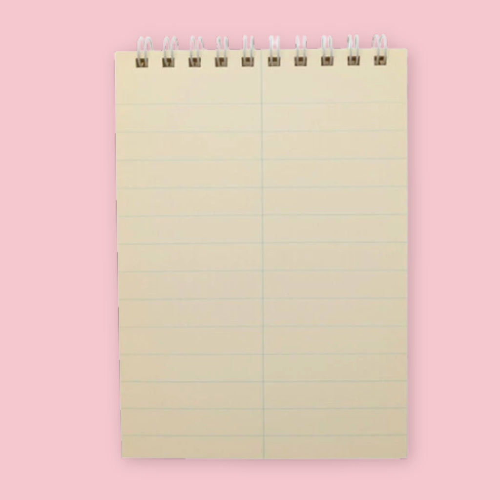 Open Life Stenographers' Notebook showing blank cream-colored lined pages with a center dividing line, against a pink background