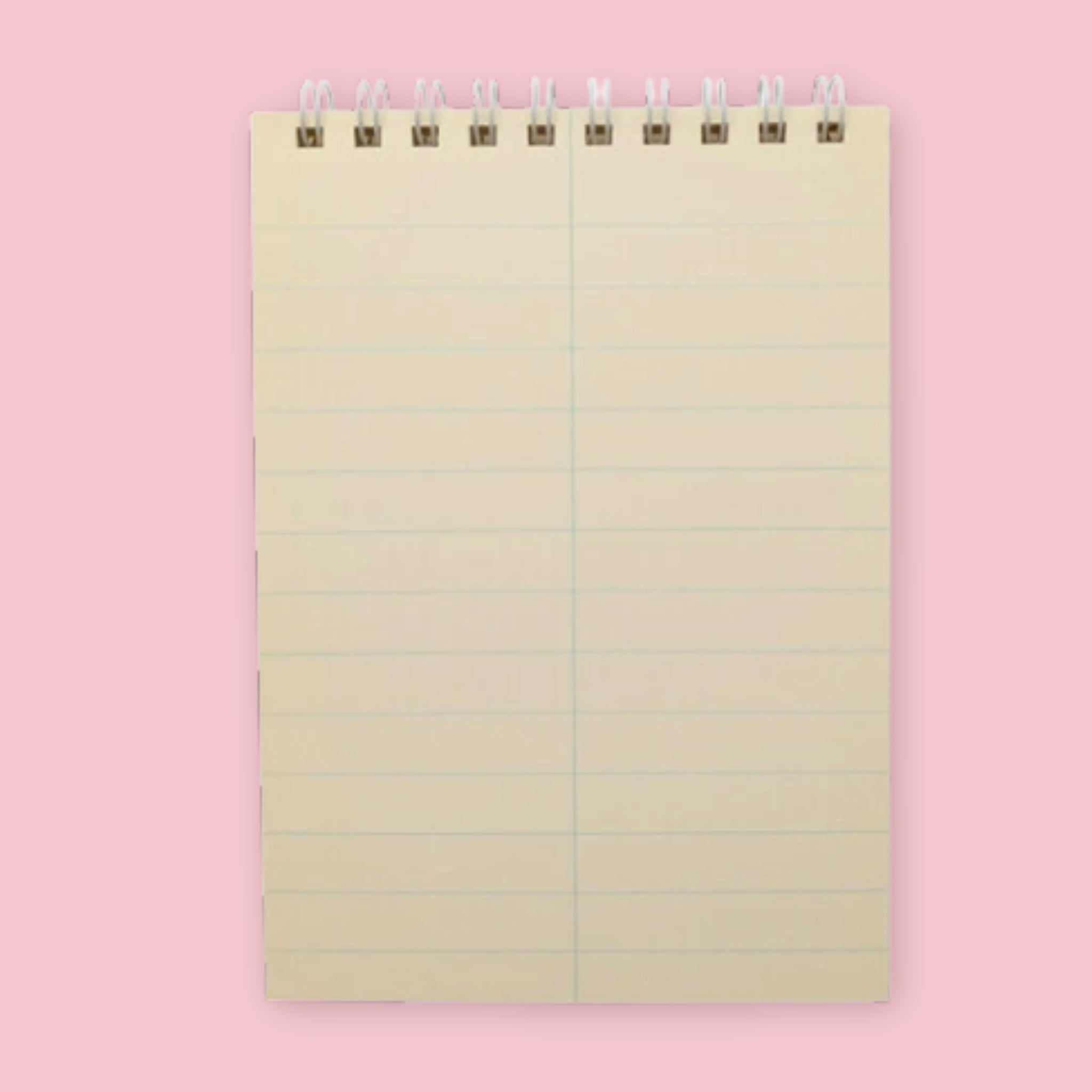 Open Life Stenographers' Notebook showing blank cream-colored lined pages with a center dividing line, against a pink background
