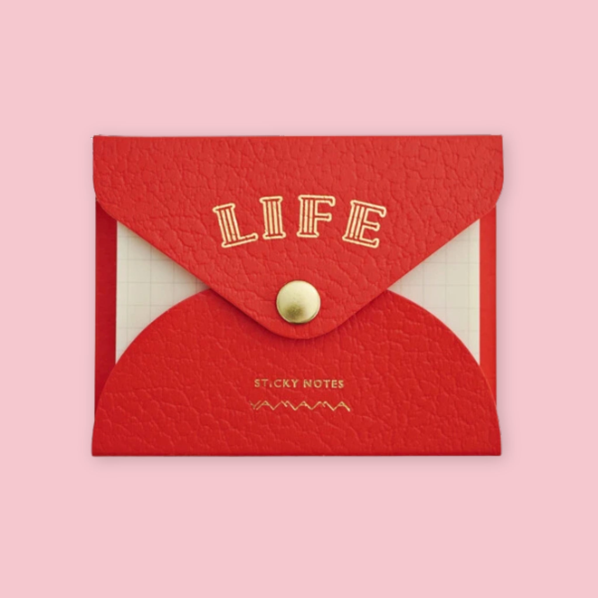 Orange faux leather envelope pouch embossed with "LIFE" sticky notes, snap closure, on a pink background.