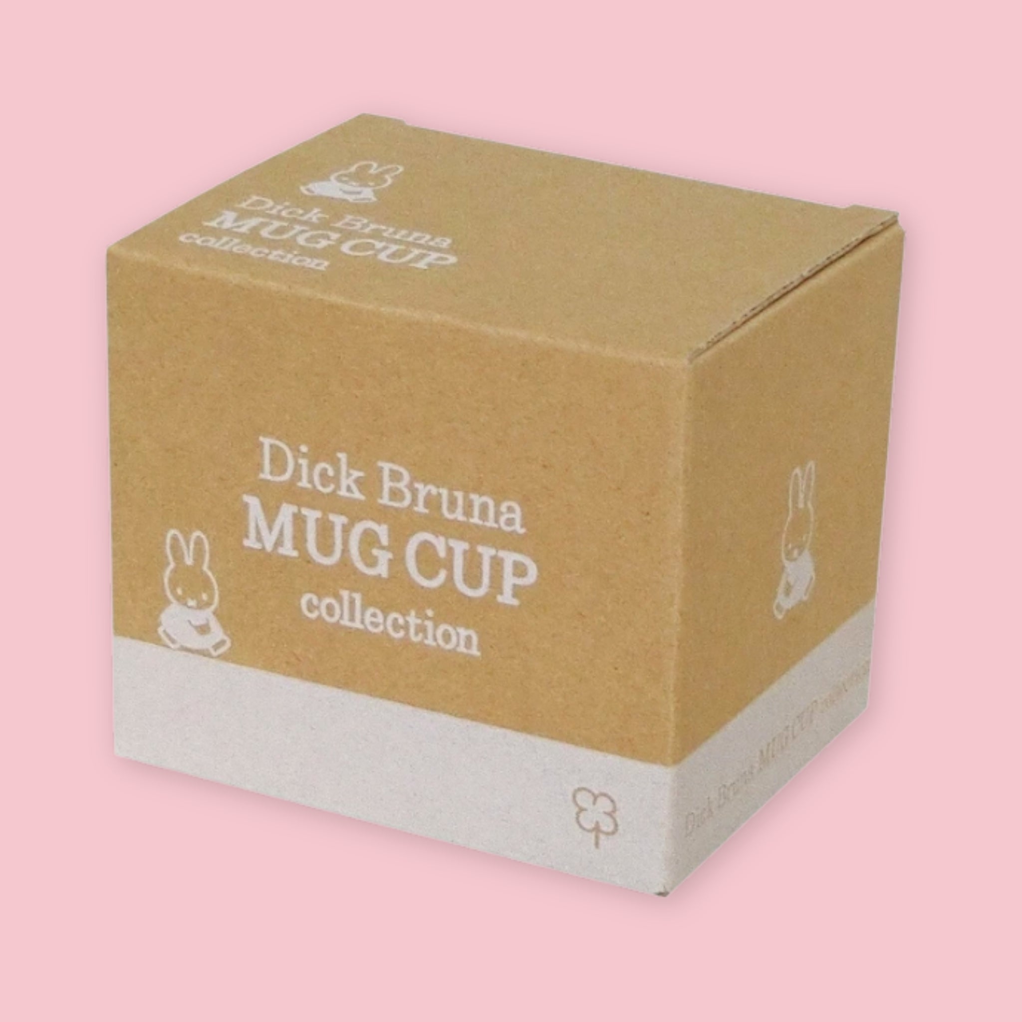 Kraft brown box printed with "Dick Bruna Mug Cup collection" and Miffy illustrations holding a cup, against a pink background