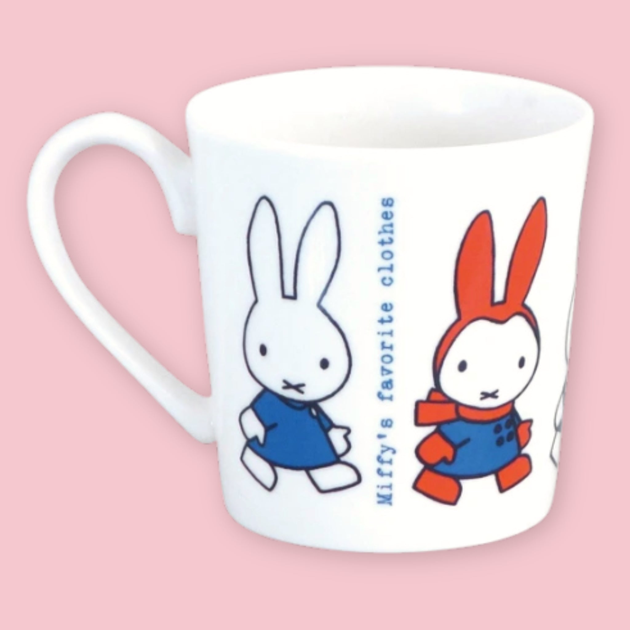 White mug printed with Miffy and a friend in different outfits alongside "Miffy's favorite clothes" text, against a pink background