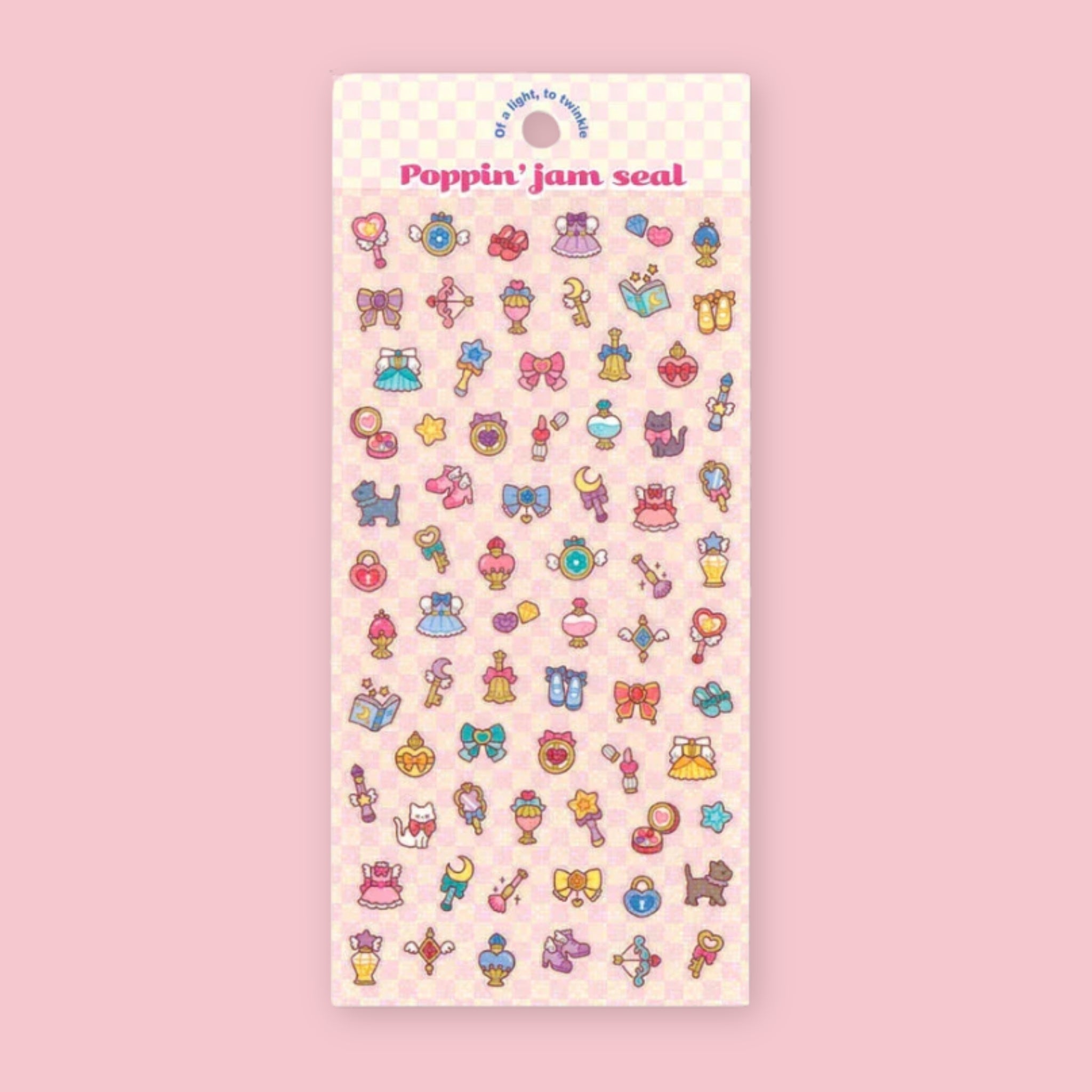 MindWave Poppin' Jam Seal sticker sheet featuring rows of small illustrated magical girl themed characters including wands, bows, cats, dresses, and accessories on a pink checkered background