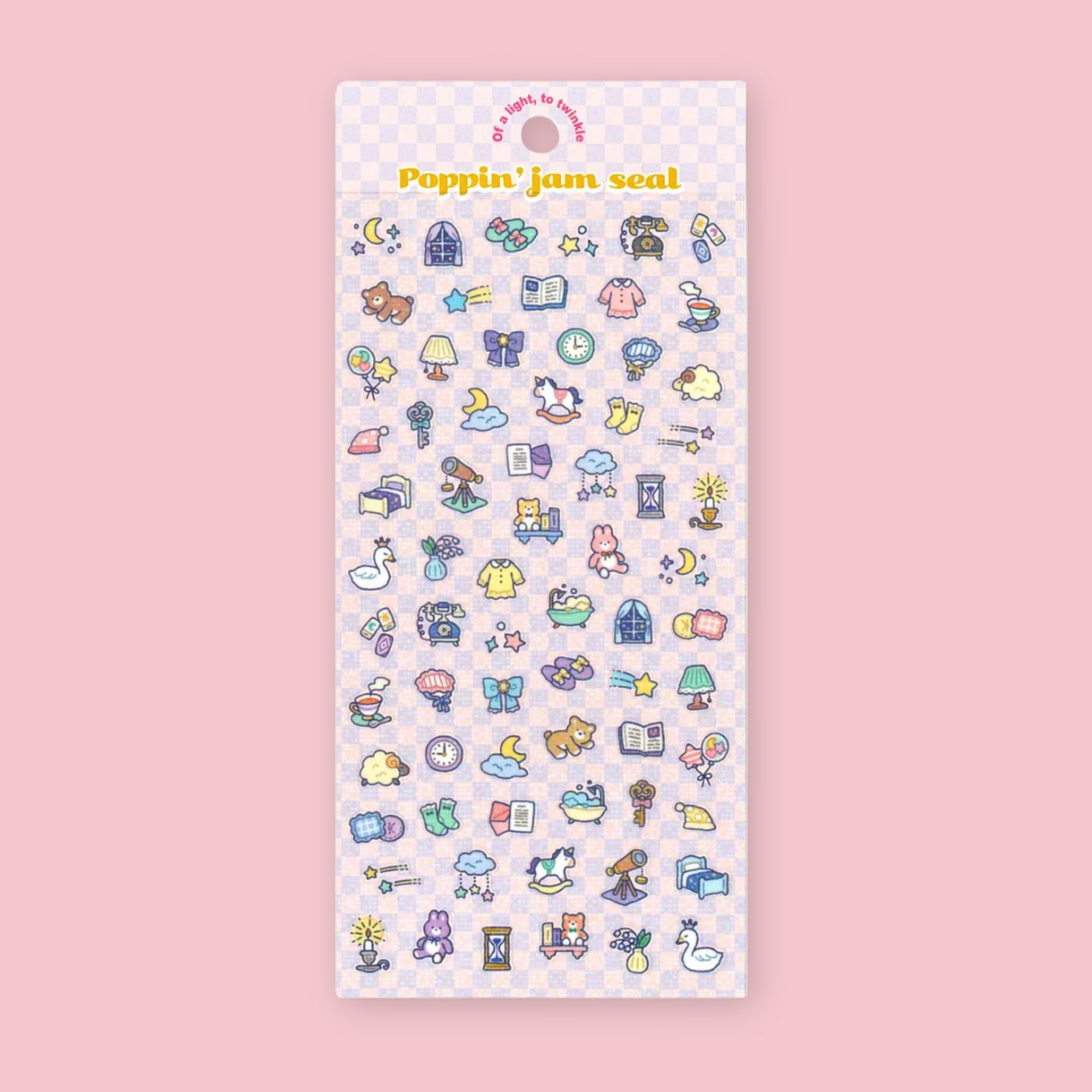 MindWave Poppin' Jam Seal sticker sheet featuring rows of small illustrated nighttime and cozy home themed characters including moons, stars, rocking horses, and lamps on a light purple checkered background