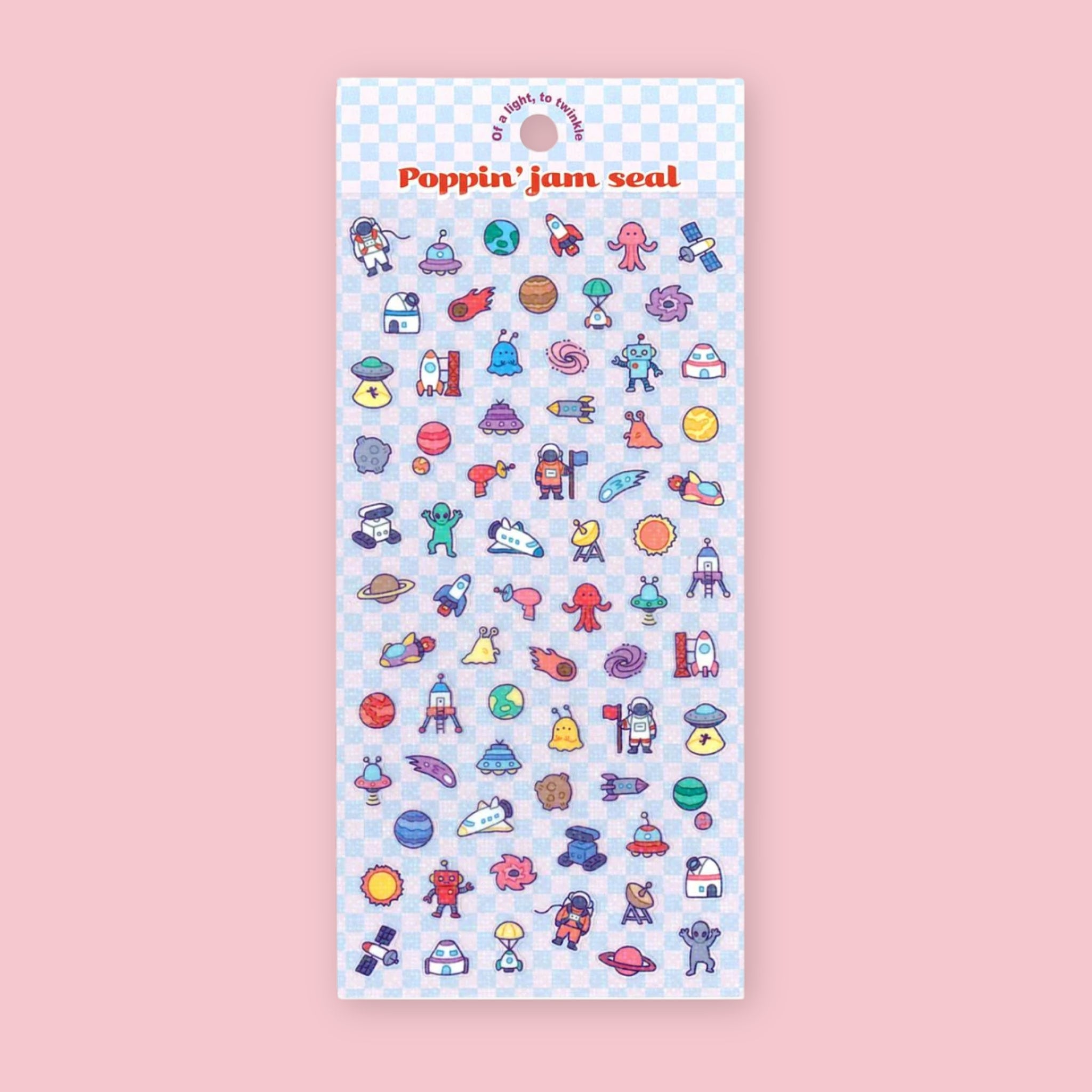 MindWave Poppin' Jam Seal sticker sheet featuring rows of small illustrated space and planet themed characters including astronauts, aliens, rockets, and planets on a light blue checkered background