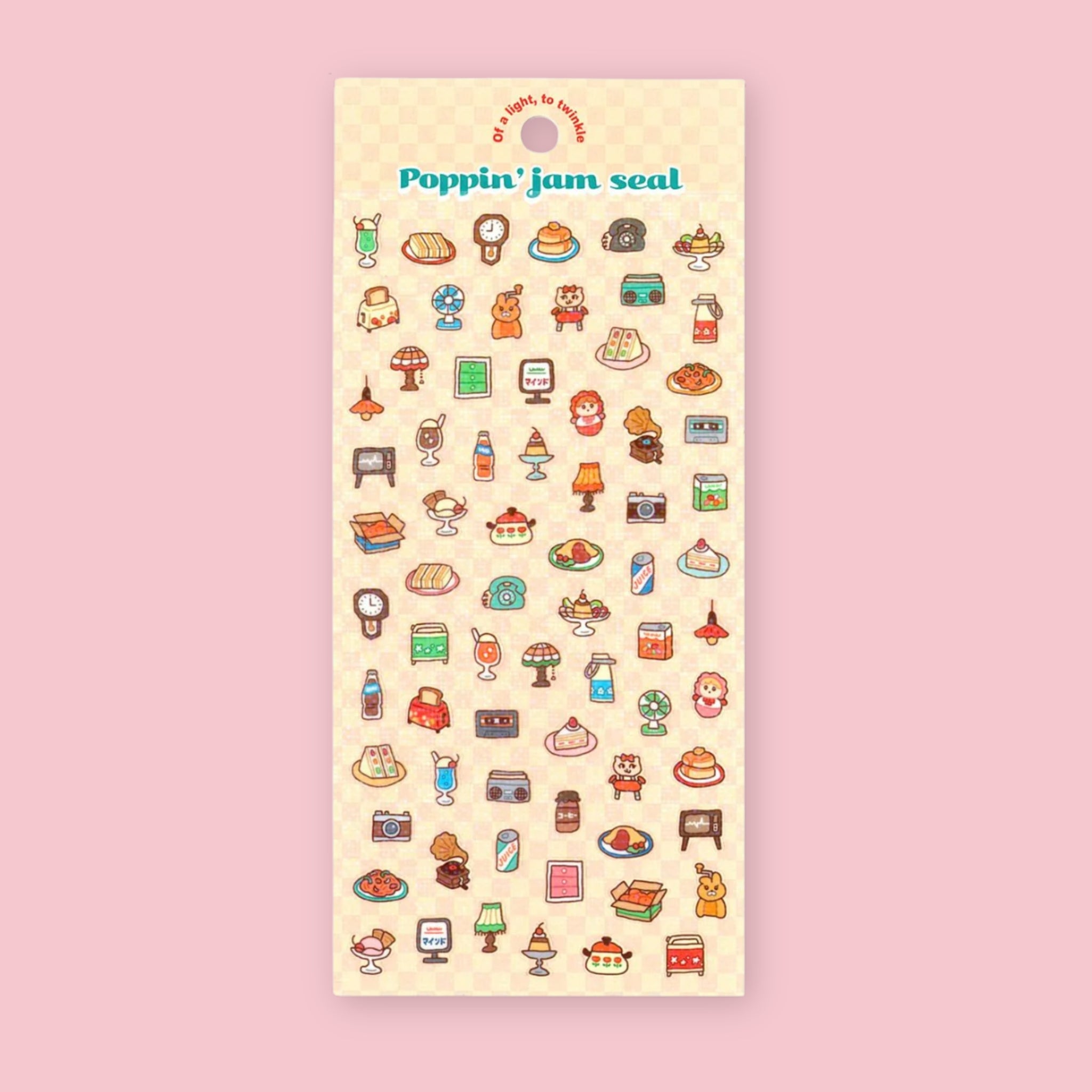 MindWave Poppin' Jam Seal sticker sheet featuring rows of small illustrated retro everyday objects including food, appliances, and household items on a cream background