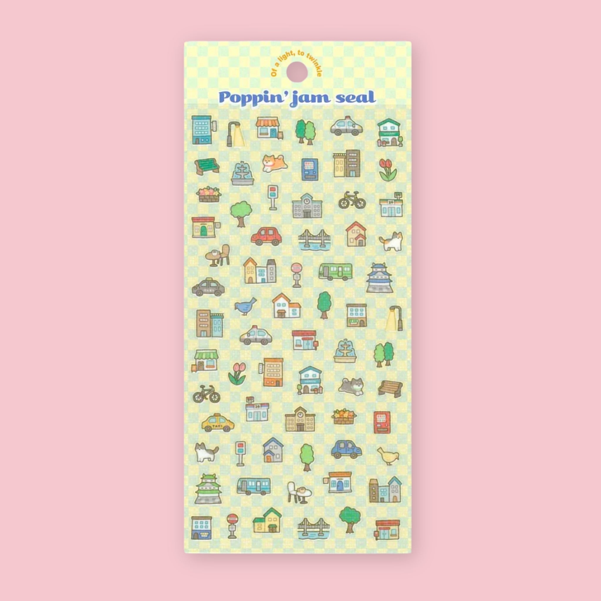 MindWave Poppin' Jam Seal sticker sheet featuring rows of small illustrated town and city themed characters including buildings, vehicles, trees, and animals on a yellow checkered background