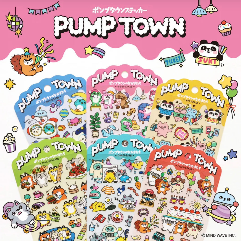 Mind Wave Pump Town sticker sheets in assorted colors, shown together with cute character and party-themed illustrations.