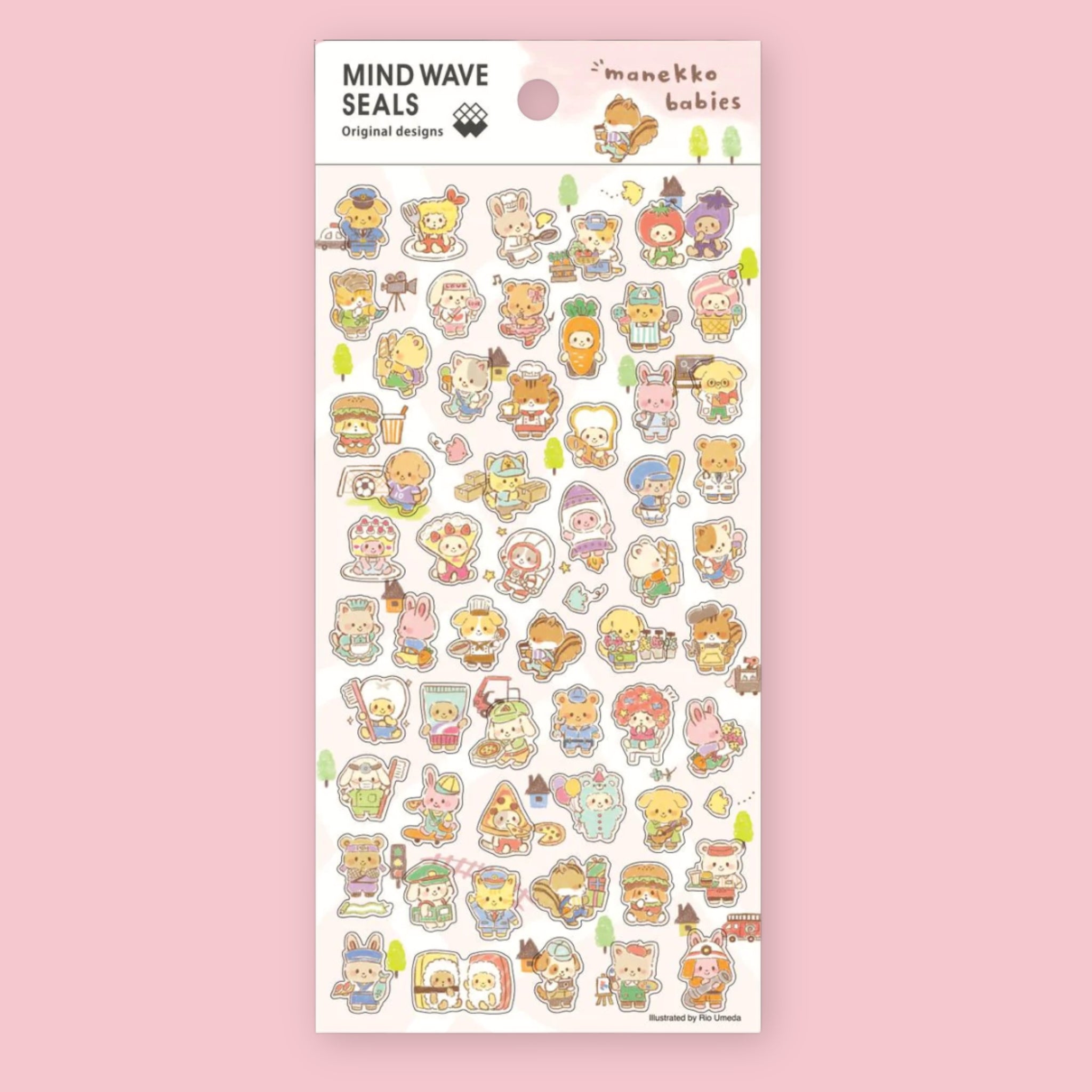 Mind Wave Manekko Babies sticker sheet with illustrations of animal characters dressed for everyday activities like soccer, baking, and space travel, against a pink background