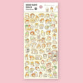 Mind Wave Okaburineko sticker sheet with illustrations of cats dressed as sushi, onigiri, soft serve, and other food, against a pink background