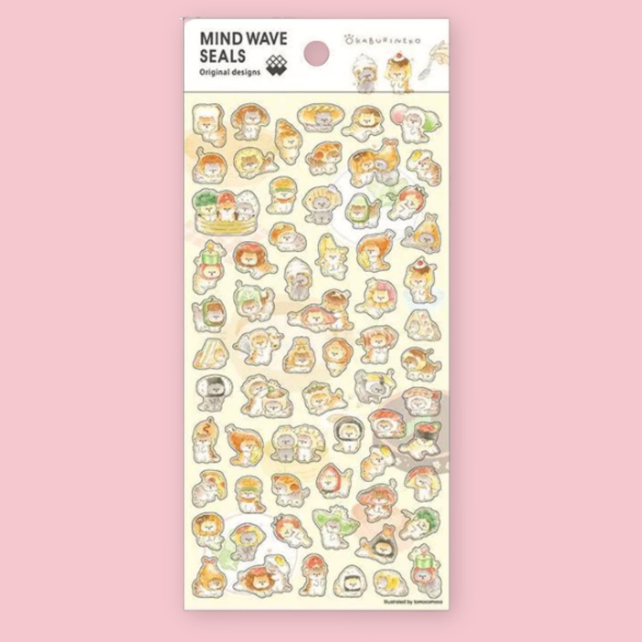 Mind Wave Okaburineko sticker sheet with illustrations of cats dressed as sushi, onigiri, soft serve, and other food, against a pink background
