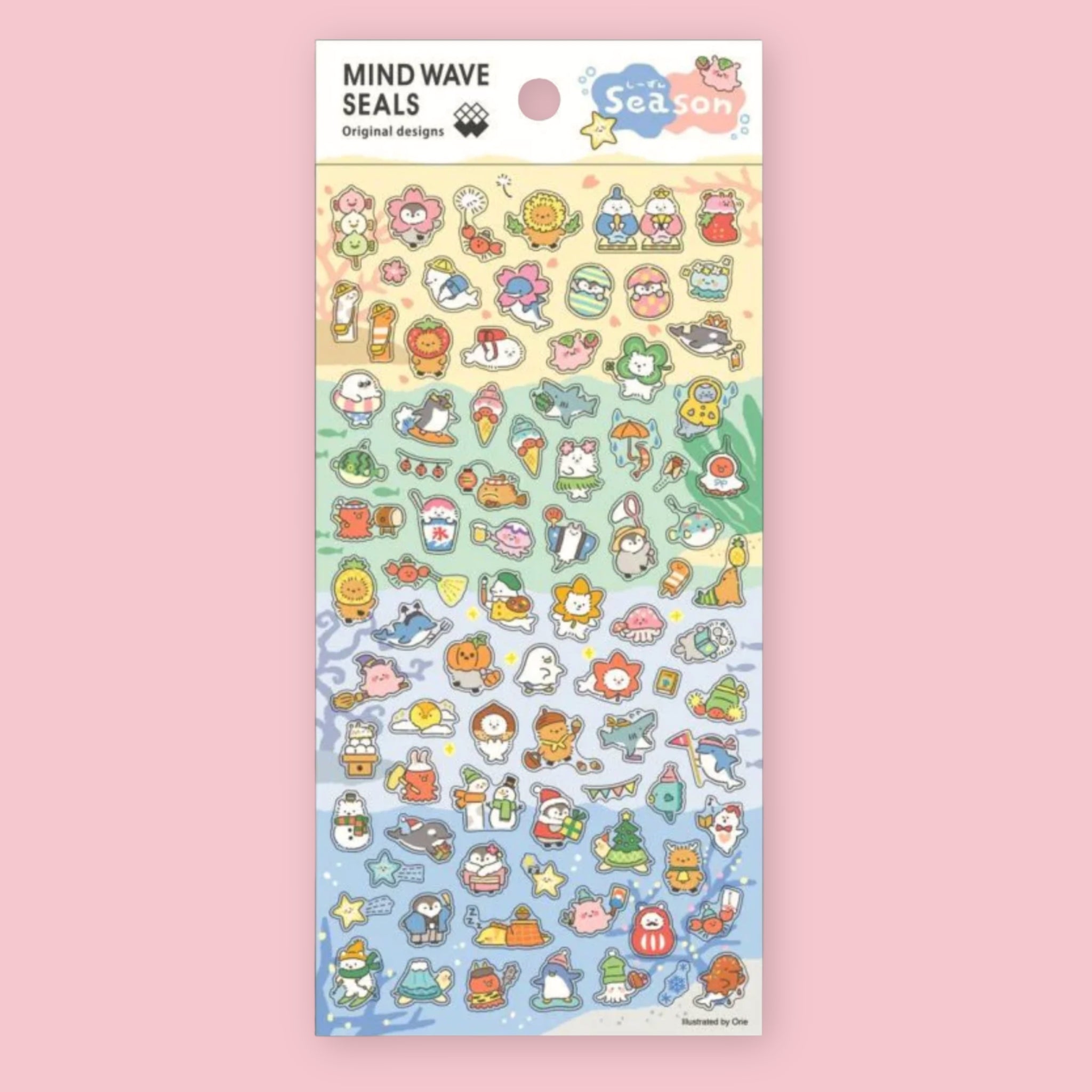 Mind Wave Season sticker sheet with illustrations organized by spring, summer, fall, and winter motifs including flowers, ice cream, pumpkins, and snowmen, against a pink background