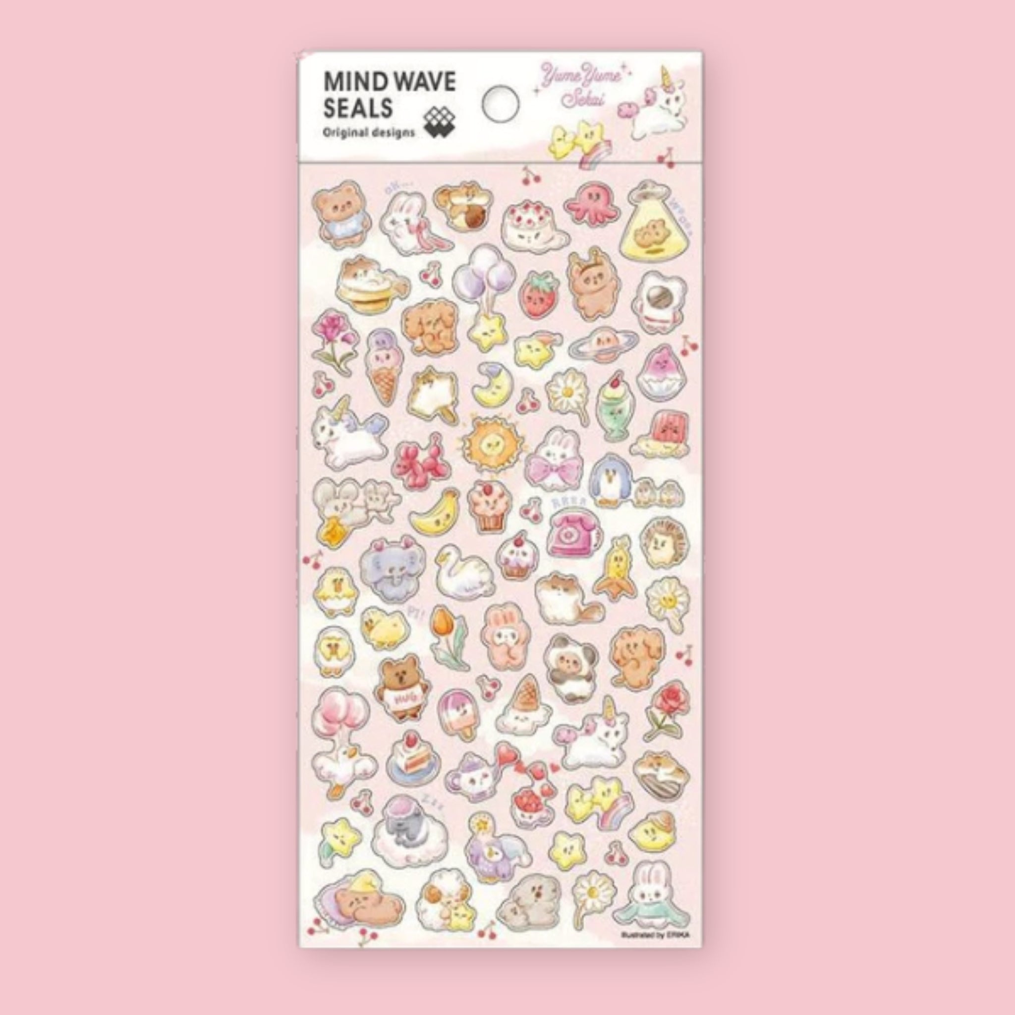 Mind Wave YumeYume Sekai sticker sheet with pastel illustrations of unicorns, swans, stars, and sweets, against a pink background