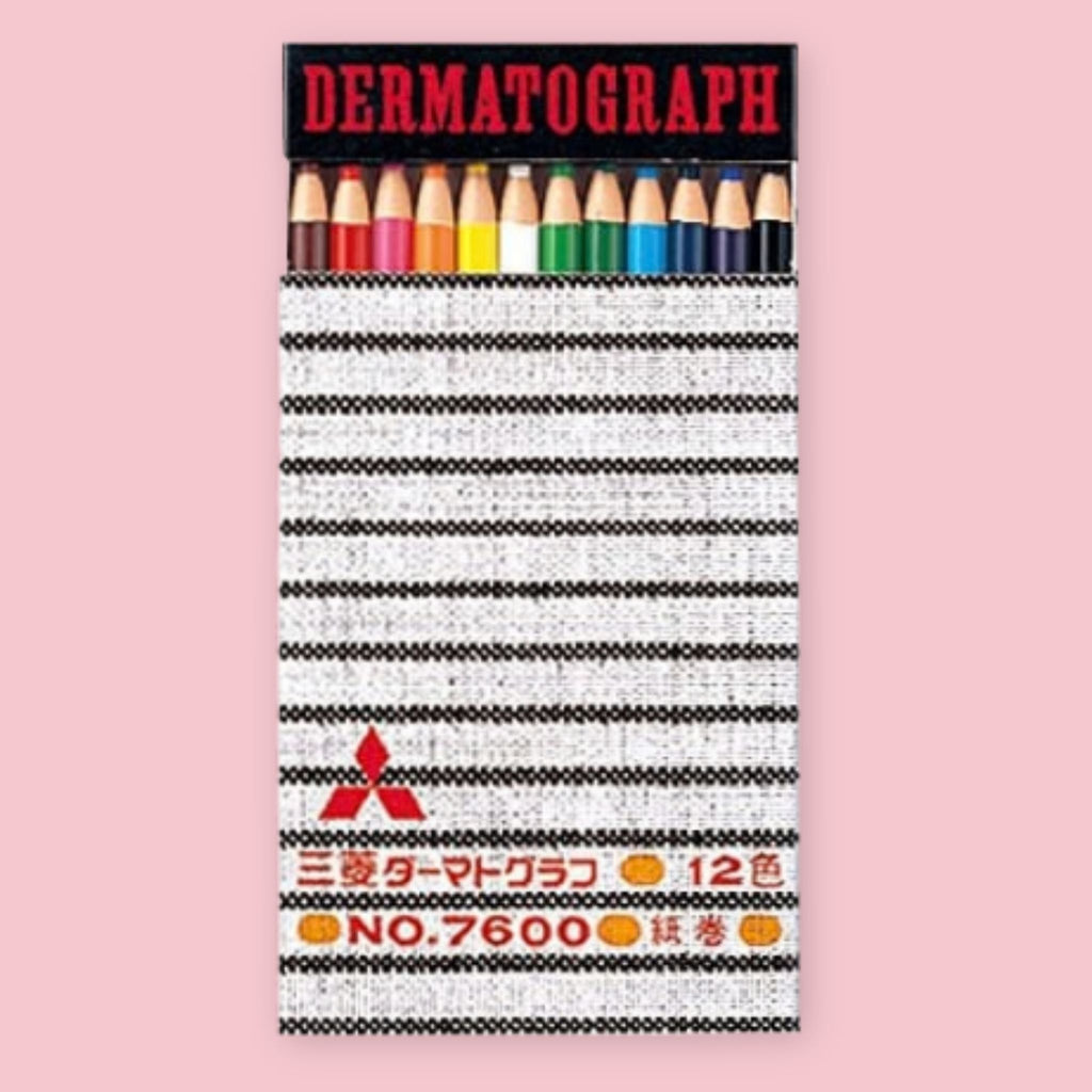 Mitsubishi Dermatograph set of 12 colored grease pencils in original striped box.