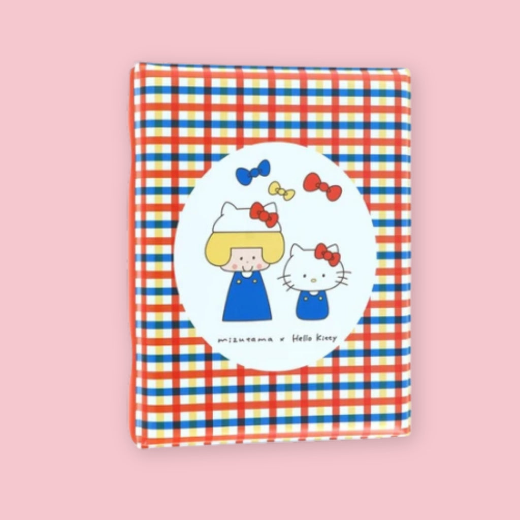 Mizutama x Hello Kitty sticker album with colorful plaid cover and Sanrio character illustration.