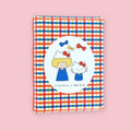 Mizutama x Hello Kitty sticker album with colorful plaid cover and Sanrio character illustration.