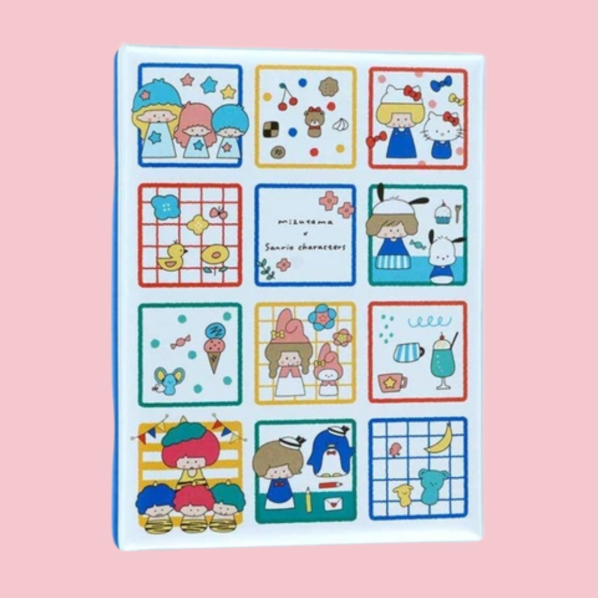 Mizutama x Sanrio sticker album cover with a grid of colorful character illustrations and small object designs.