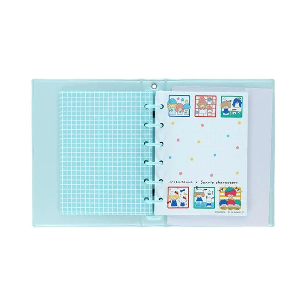 Interior of Mizutama x Sanrio sticker album with blue rings, pale blue pages, and colorful character artwork.