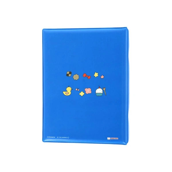 Back cover of Mizutama x Sanrio sticker album in blue, with small colorful character and object illustrations.