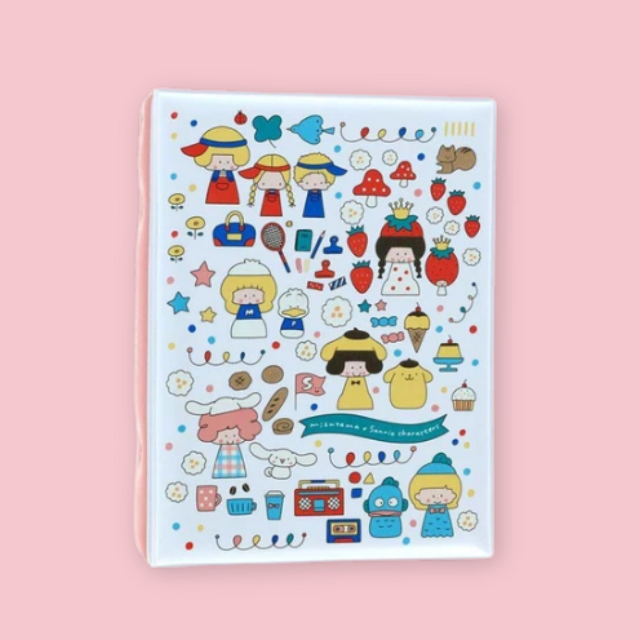 Mizutama x Sanrio sticker album with colorful character illustrations and small objects on the cover.