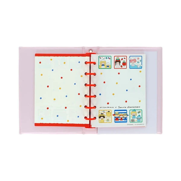 Interior of Mizutama x Sanrio sticker album with red rings, dotted pages, and colorful character artwork.
