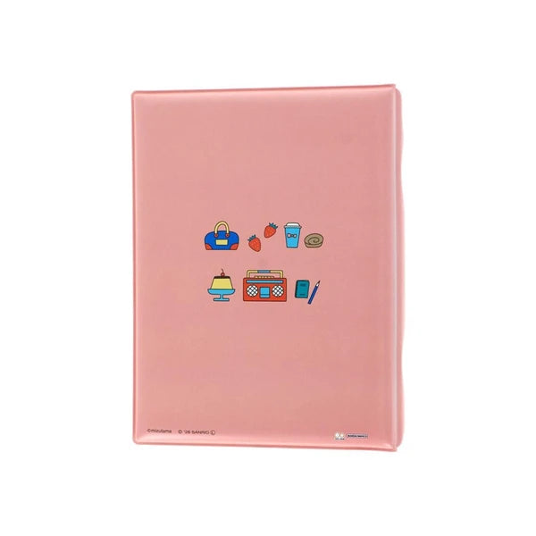 Back cover of Mizutama x Sanrio sticker album with a pink cover and small Sanrio artwork.