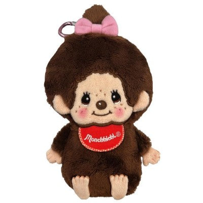 Monchhichi plush body pouch in classic brown with pink bow, red bib, smiling face, and top loop on a white background.
